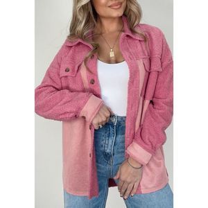Azura Exchange  Pink Colorblock Buttoned Flap Pocket Sherpa Shacket